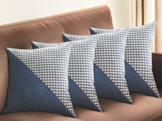 Set of Four 18" Blue and White Houndstooth Fabric Throw Pillows
