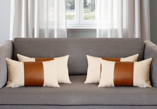 Set of Four 12" X 20" Ivory and Brown Color Block Fabric and Faux Leather Lumbar Throw Pillows