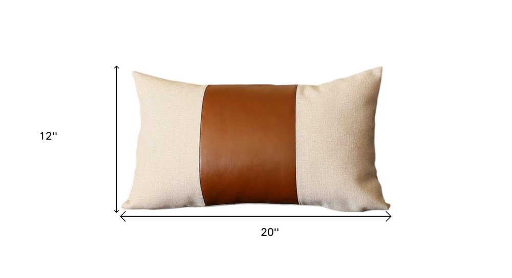 Set of Four 12" X 20" Ivory and Brown Color Block Fabric and Faux Leather Lumbar Throw Pillows