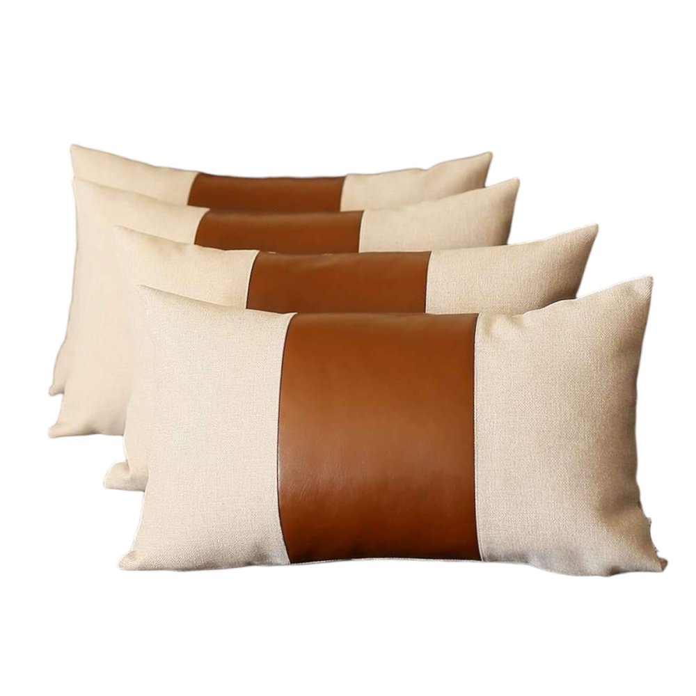 Set of Four 12" X 20" Ivory and Brown Color Block Fabric and Faux Leather Lumbar Throw Pillows