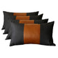Set of Four 12" X 20" Black and Brown Color Block Fabric and Faux Leather Lumbar Throw Pillows