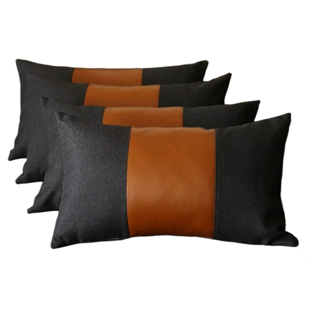 Set of Four 12" X 20" Black and Brown Color Block Fabric and Faux Leather Lumbar Throw Pillows