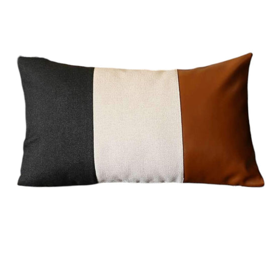 Set of Four 12" X 20" Black Ivory and Brown Color Block Fabric and Faux Leather Lumbar Throw Pillows
