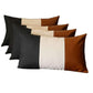 Set of Four 12" X 20" Black Ivory and Brown Color Block Fabric and Faux Leather Lumbar Throw Pillows