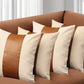 Set of Four 18" Ivory and Brown Color Block Fabric and Faux Leather Throw Pillows