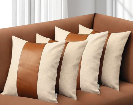 Set of Four 18" Ivory and Brown Color Block Fabric and Faux Leather Throw Pillows