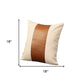 Set of Four 18" Ivory and Brown Color Block Fabric and Faux Leather Throw Pillows