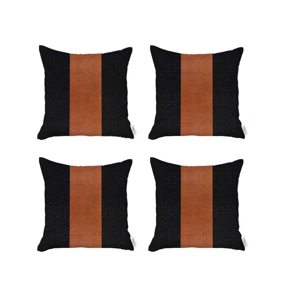 Set of Four 18" Brown And Black Faux Leather And Fabric Throw Pillows