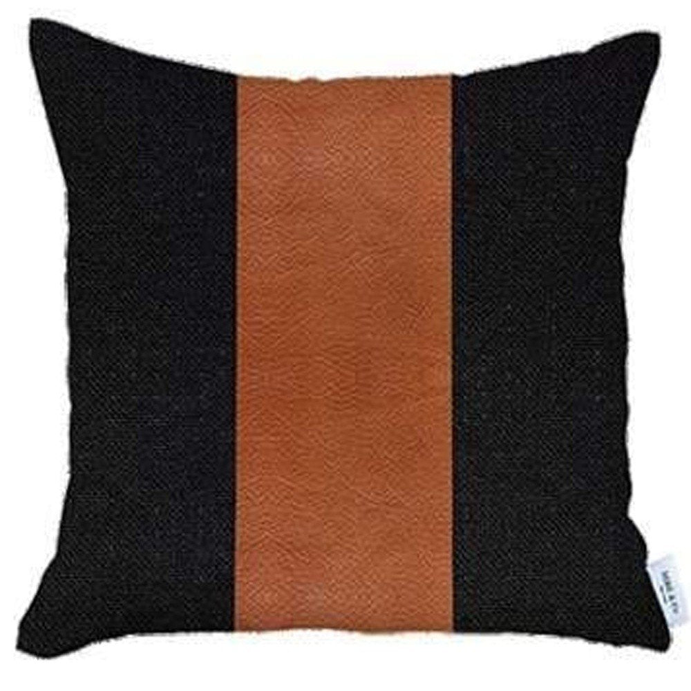 Set of Four 18" Brown And Black Faux Leather And Fabric Throw Pillows