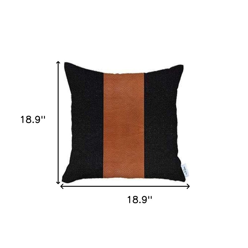 Set of Four 18" Brown And Black Faux Leather And Fabric Throw Pillows