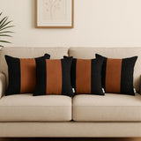 Set of Four 18" Brown And Black Faux Leather And Fabric Throw Pillows