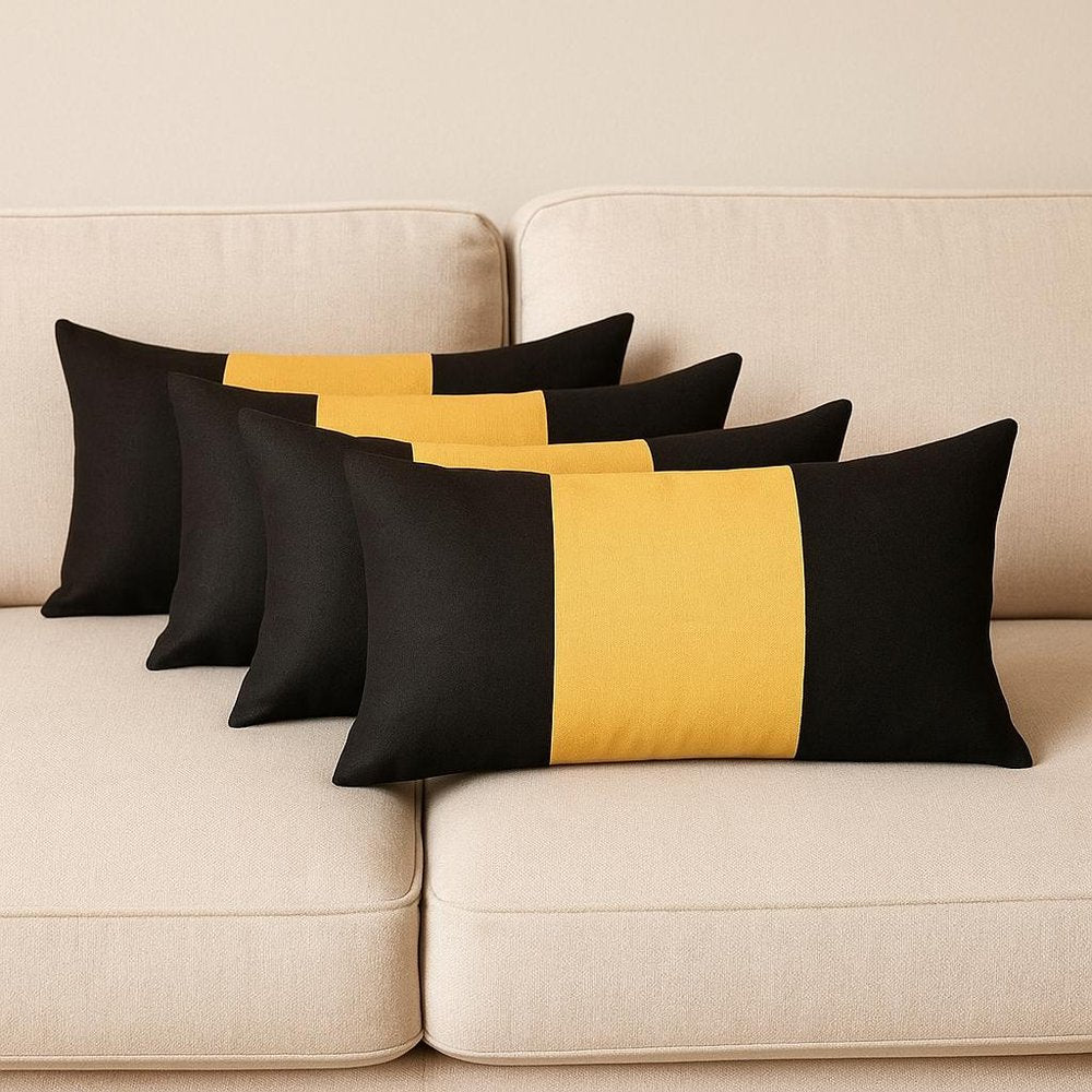 Set of Four 12" X 20" Black And Yellow Lumbar Throw Pillows