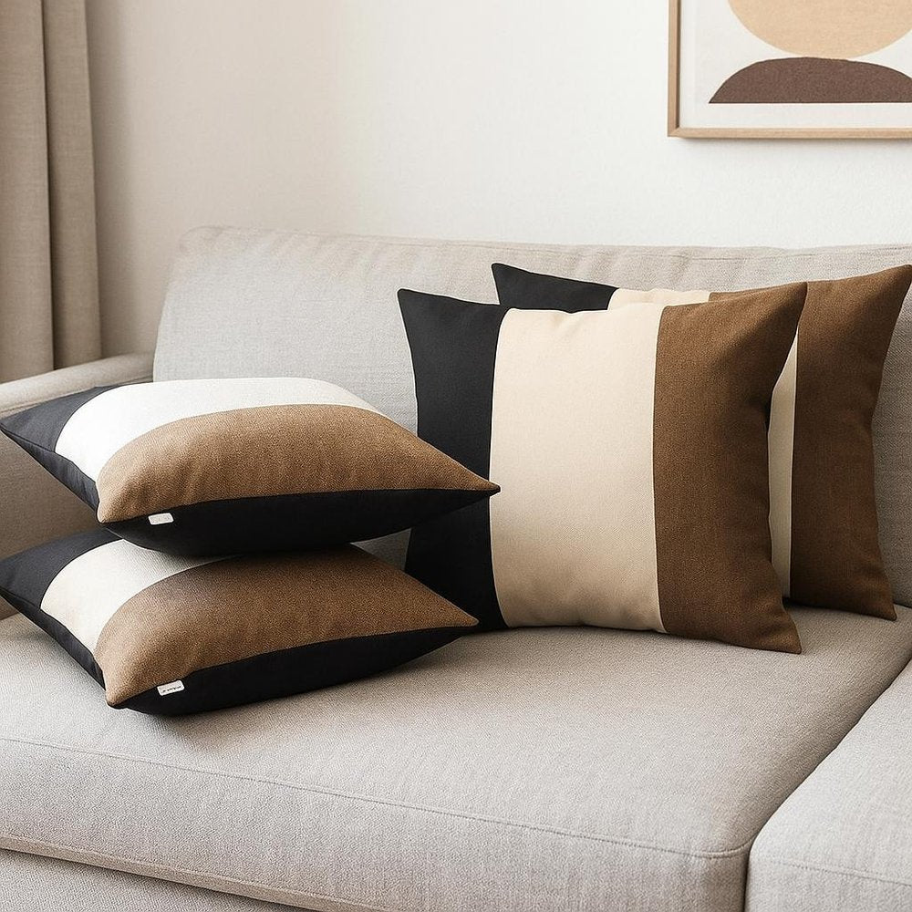 Set of Four 18" Black Ivory And Brown Fabric Throw Pillows