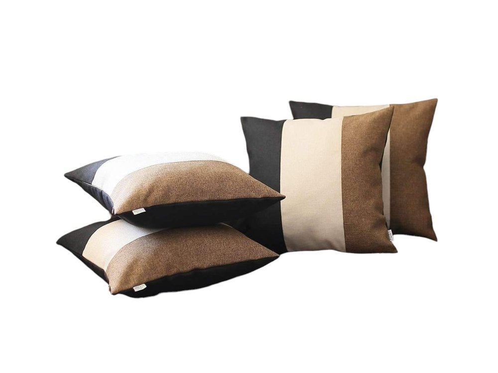 Set of Four 18" Black Ivory And Brown Fabric Throw Pillows