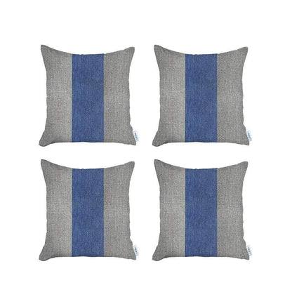 Set Of Four 18" X 18" Grey And Blue Geometric Zippered Handmade Polyester Throw Pillow