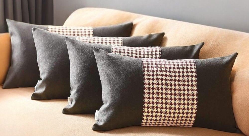 Set of Four 12" X 20" Black Red and White Houndstooth Fabric Lumbar Throw Pillows