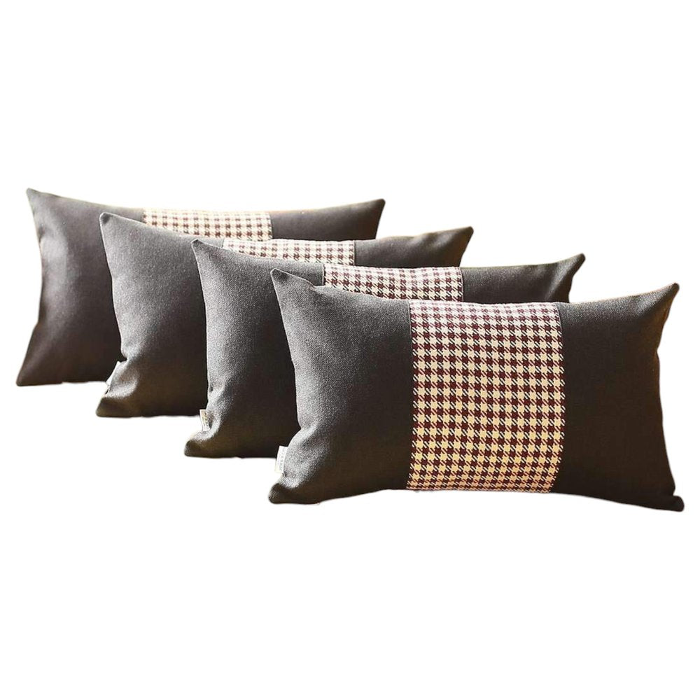 Set of Four 12" X 20" Black Red and White Houndstooth Fabric Lumbar Throw Pillows