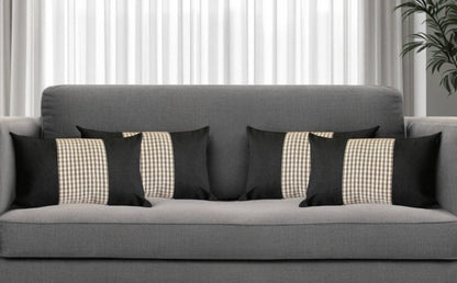 Set of Four 12" X 20" Black Brown and White Houndstooth Fabric Lumbar Throw Pillows