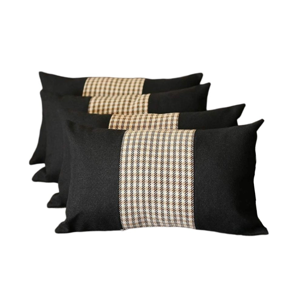 Set of Four 12" X 20" Black Brown and White Houndstooth Fabric Lumbar Throw Pillows