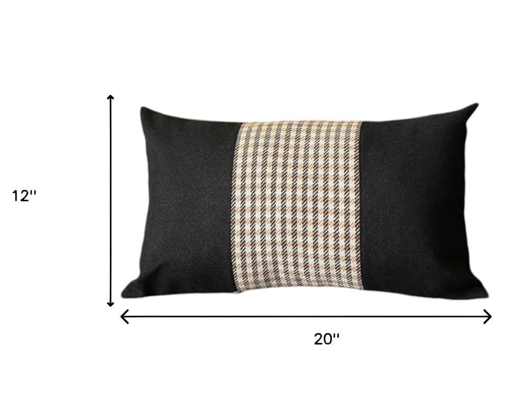 Set of Four 12" X 20" Black Brown and White Houndstooth Fabric Lumbar Throw Pillows