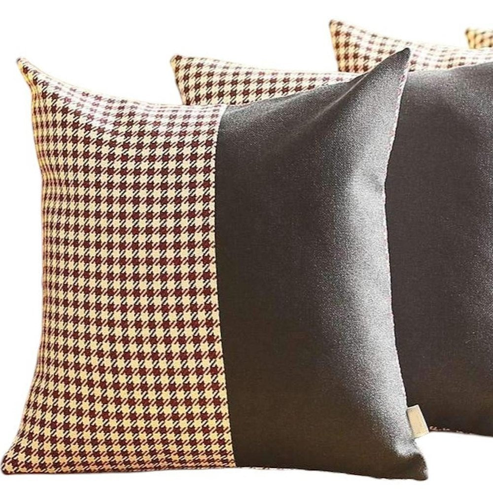 Set of Four 18" Black And Red Houndstooth Throw Pillows