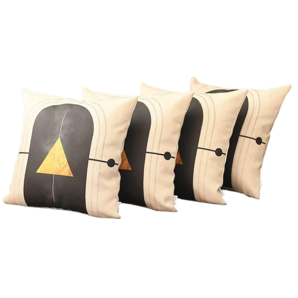Set of Four 18" Ivory Black and Gold Geometric Fabric Throw Pillows