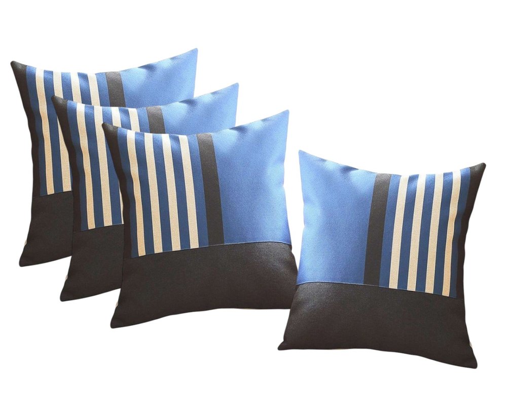 Set of Four 18" Blue Black And White Fabric Striped Throw Pillows
