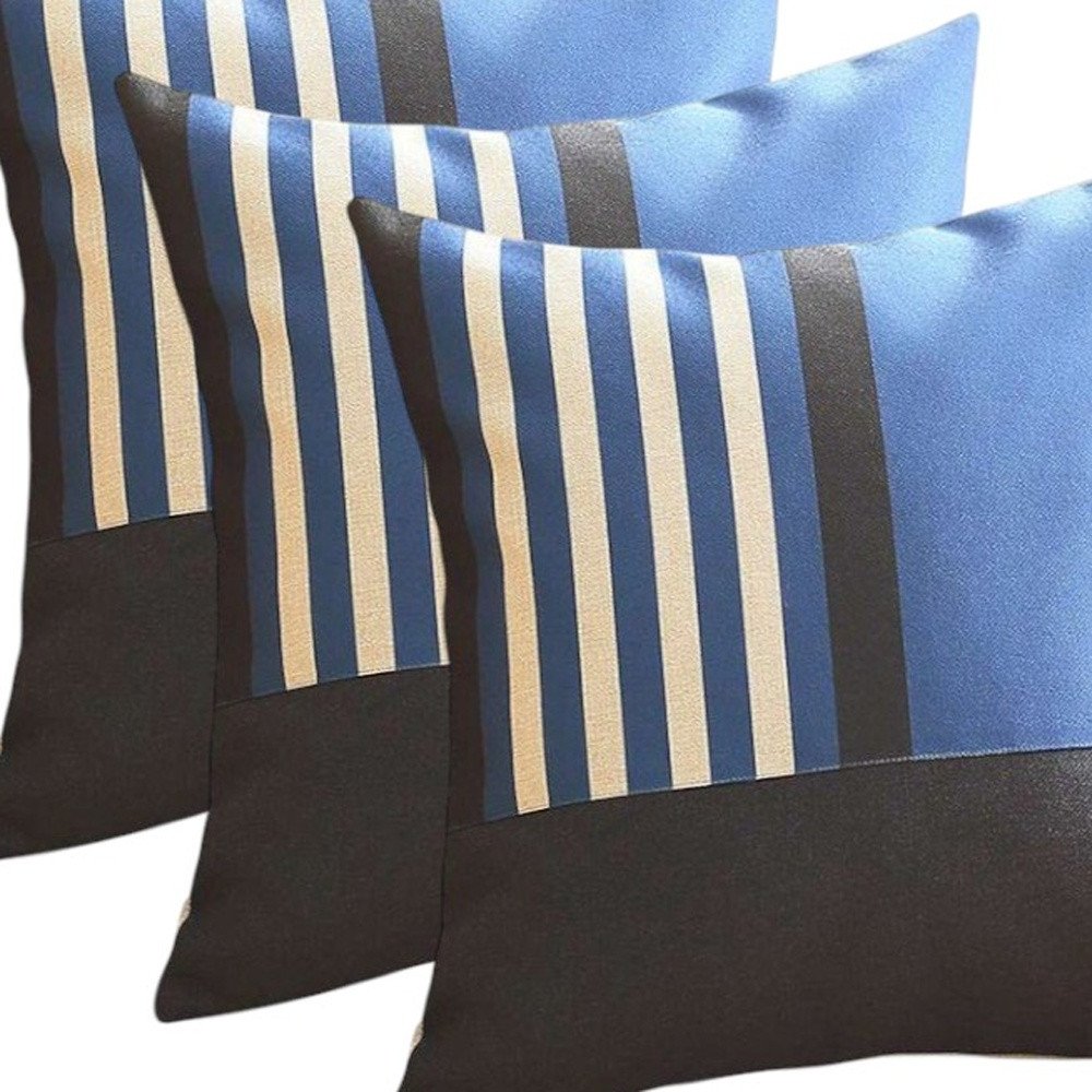 Set of Four 18" Blue Black And White Fabric Striped Throw Pillows