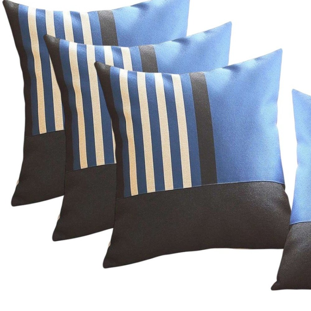 Set of Four 18" Blue Black And White Fabric Striped Throw Pillows