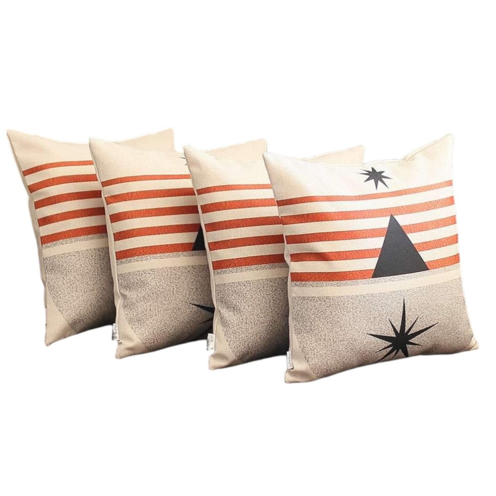 Set of Four 18" Ivory Gray and Red Geometric Fabric Throw Pillows