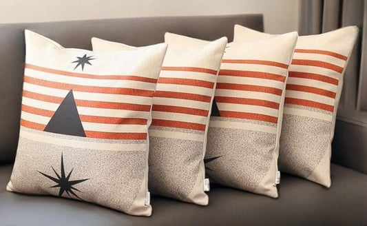 Set of Four 18" Ivory Gray and Red Geometric Fabric Throw Pillows