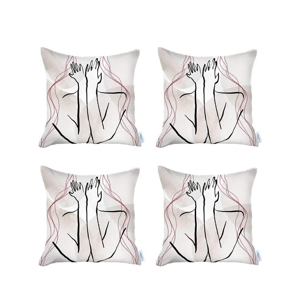 Set Of Four 18" X 18" Black And Grey Abstract Zippered Handmade Polyester Throw Pillow