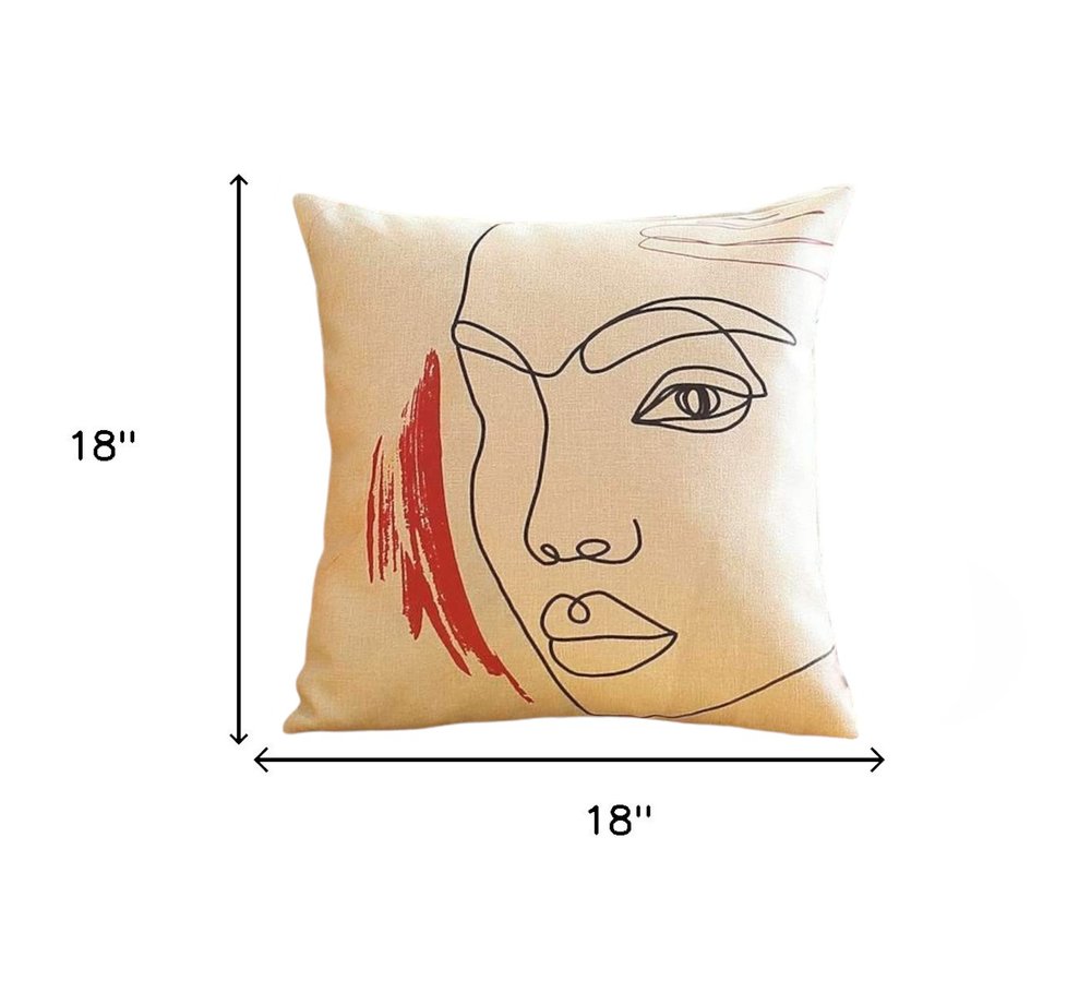 Set of Four 18" Ivory Black and Red Abstract Face Fabric Throw Pillows