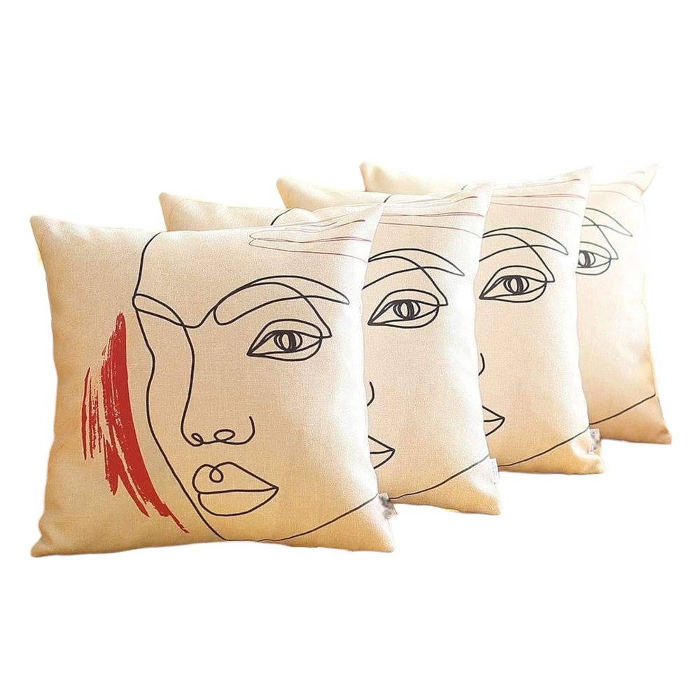 Set of Four 18" Ivory Black and Red Abstract Face Fabric Throw Pillows