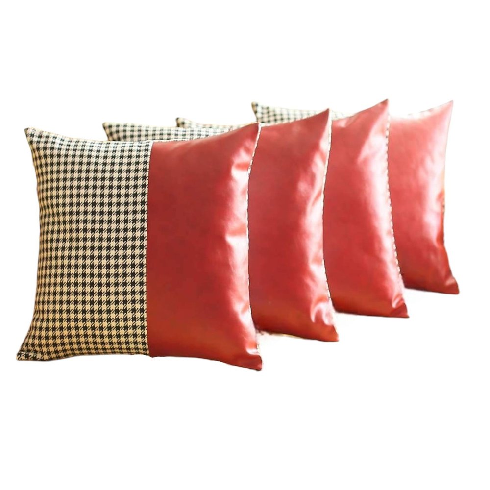 Set of Four 18" Red Black and White Houndstooth Fabric and Faux Leather Throw Pillows