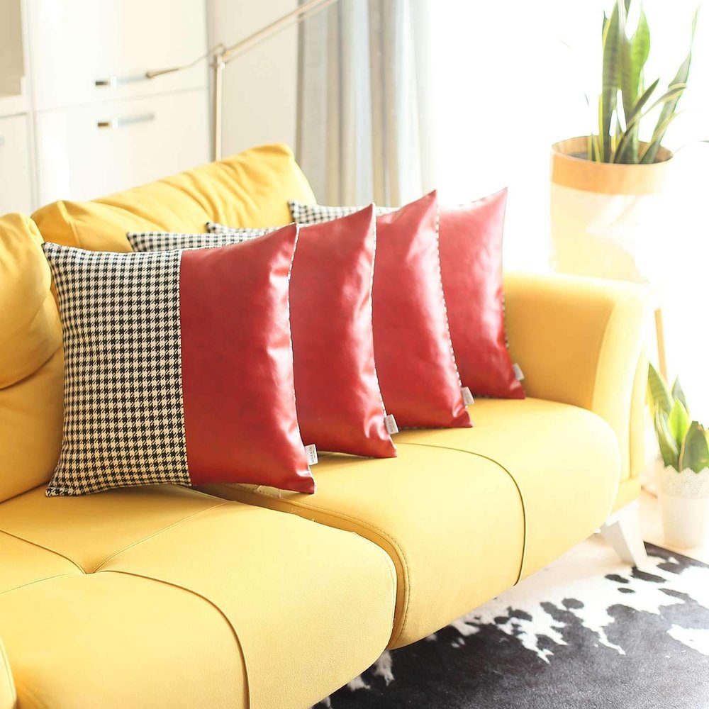 Set of Four 18" Red Black and White Houndstooth Fabric and Faux Leather Throw Pillows