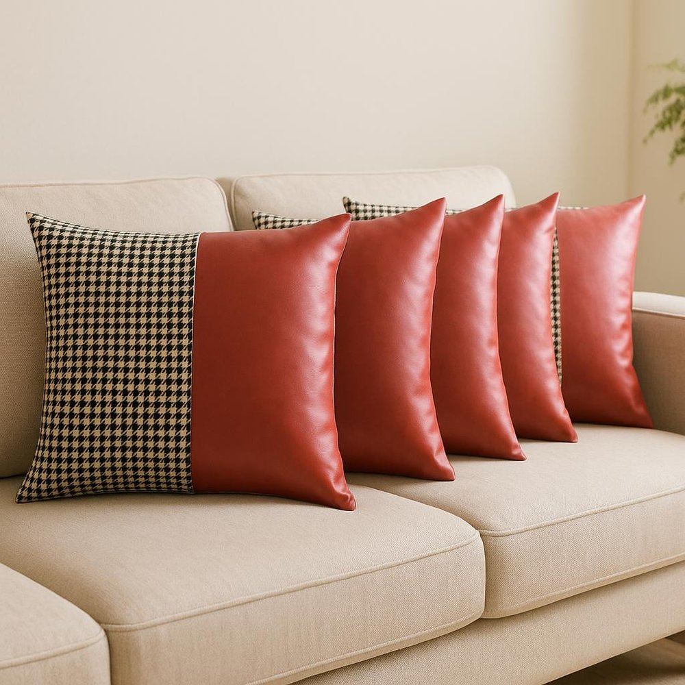 Set of Four 18" Red Black and White Houndstooth Fabric and Faux Leather Throw Pillows