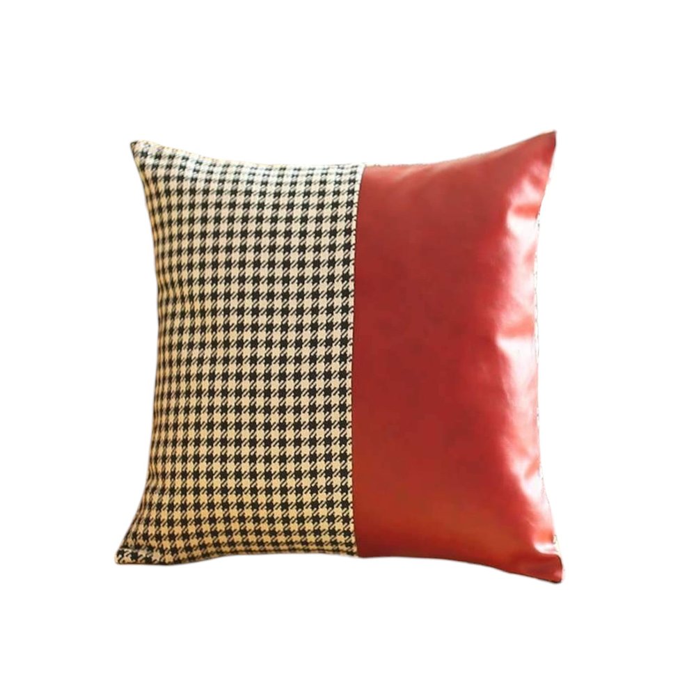Set of Four 18" Red Black and White Houndstooth Fabric and Faux Leather Throw Pillows