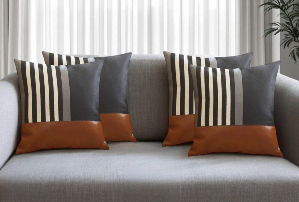 Set of Four 18" Brown Black and Ivory Striped Fabric and Faux Leather Throw Pillows