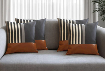 Set of Four 18" Brown Black and Ivory Striped Fabric and Faux Leather Throw Pillows