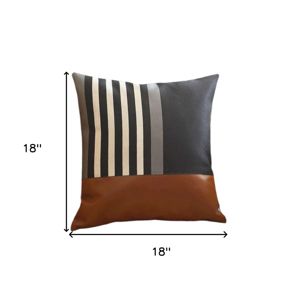 Set of Four 18" Brown Black and Ivory Striped Fabric and Faux Leather Throw Pillows