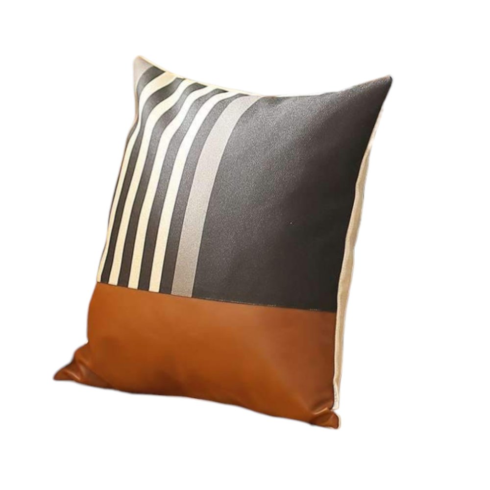 Set of Four 18" Brown Black and Ivory Striped Fabric and Faux Leather Throw Pillows
