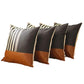Set of Four 18" Brown Black and Ivory Striped Fabric and Faux Leather Throw Pillows