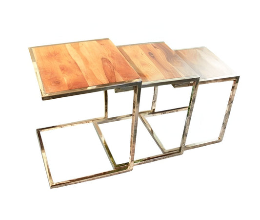 Set of Three Stylish Wood and Metal C Shaped Nesting End Tables