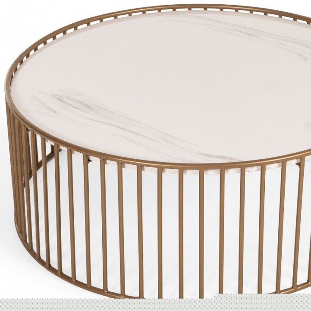 37" White and Gold Faux Marble And Metal Round Frame Coffee Table