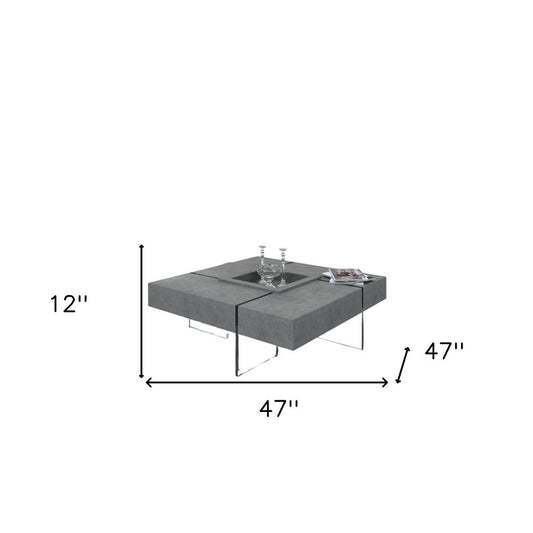 47" Gray and Clear Concrete And Glass Square Solid Coffee Table