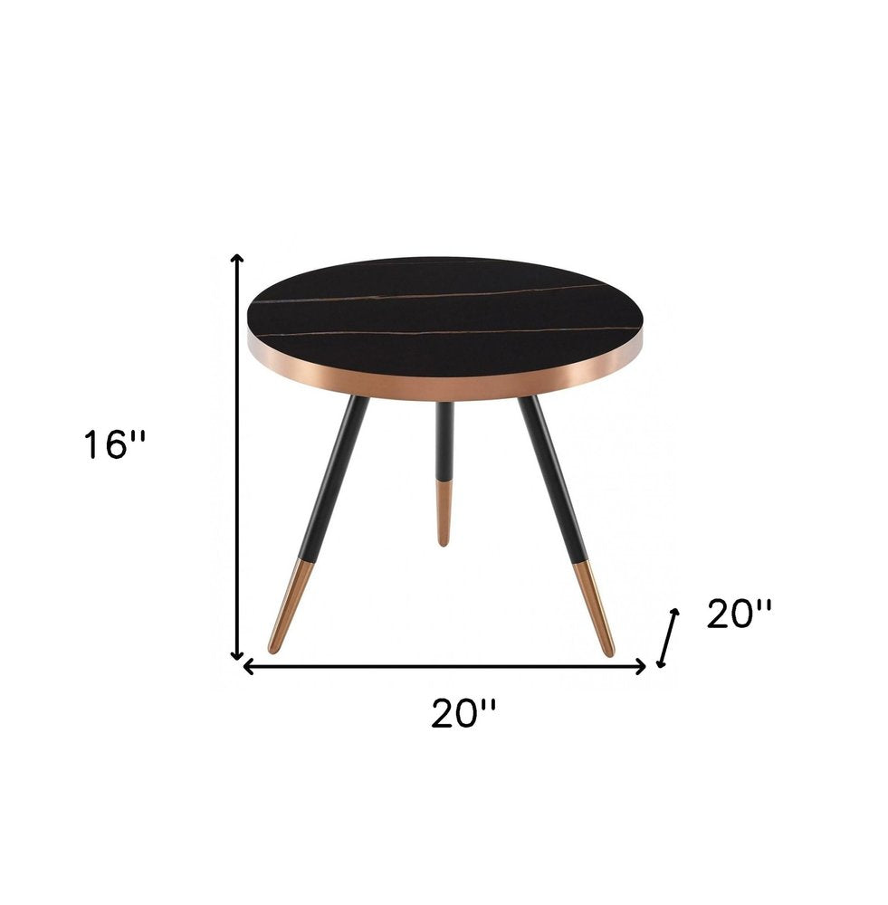 20" Black and Gold Faux Marble And Metal Round Coffee Table