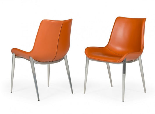 Set of Two Terra Cotta and Silver Upholstered Faux Leather Wing Back Dining Side Chairs