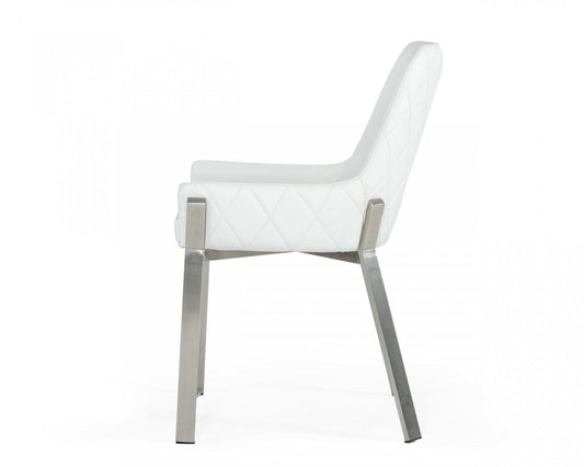 White and Silver Upholstered Faux Leather Dining Arm Chair