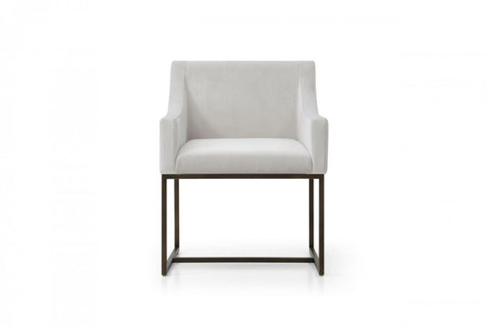 Beige and Antiqued Brass Upholstered Fabric Dining Arm Chair